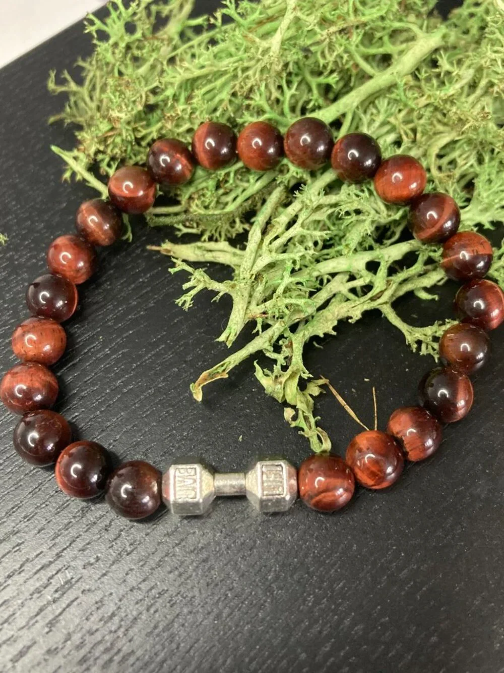 Silver Dumb Bell * Red Tiger Eye Beads